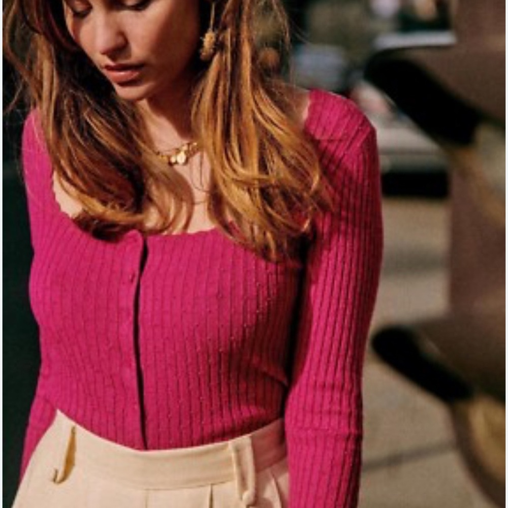 Sezane Fuchsia Ribbed Cardigan